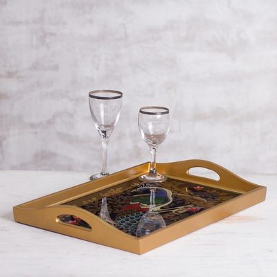 Alternate image for Reverse-Painted Glass Peacock Tray in Gold 17 in. Peacock Charm in Gold