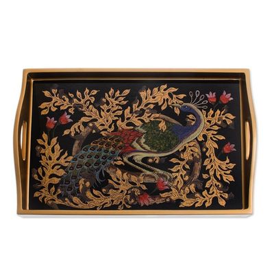Alternate image for Reverse-Painted Glass Peacock Tray in Gold 17 in. Peacock Charm in Gold