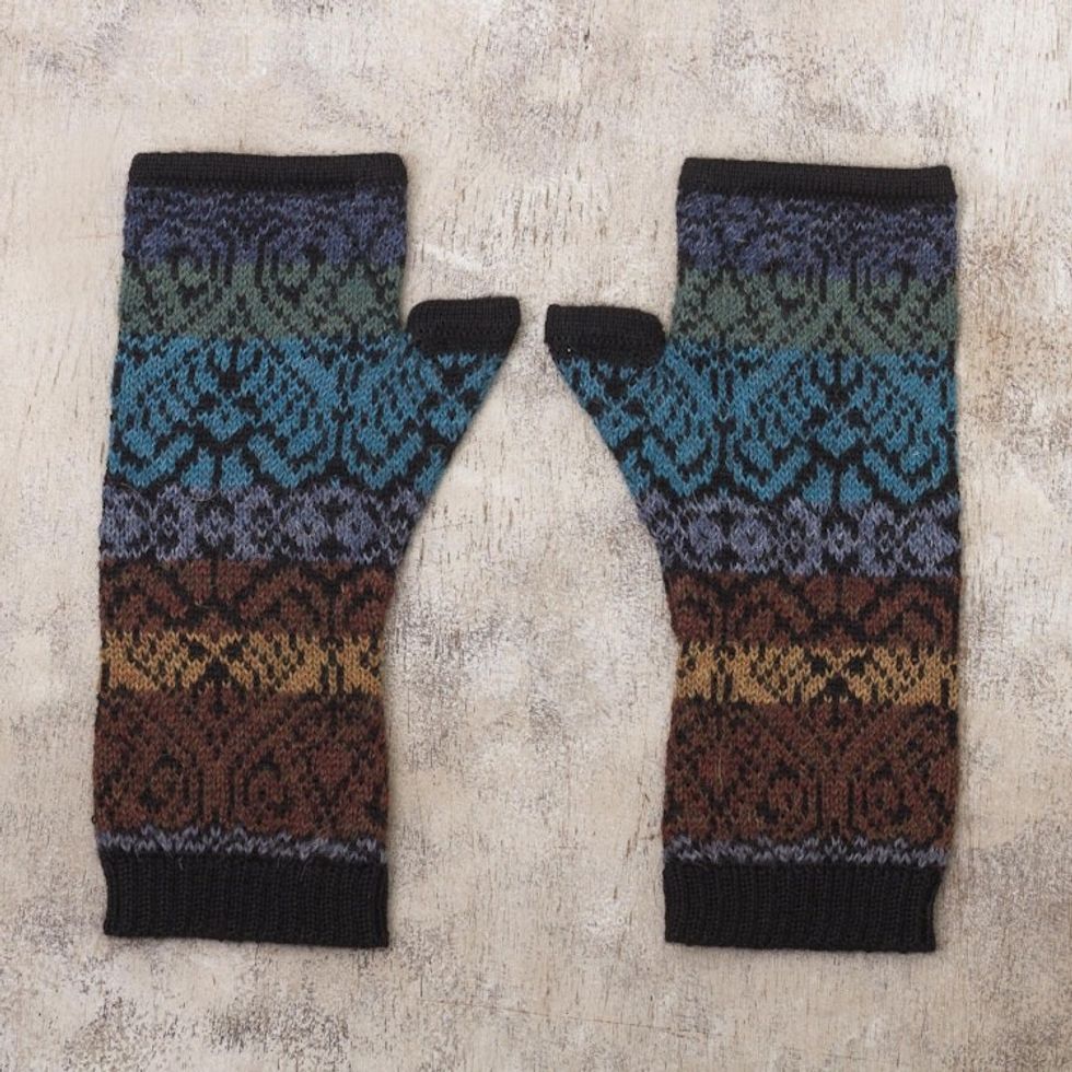 Inca Inspired Alpaca Knit Fingerless Mitts 'Earth and Sky'