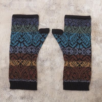 Alternate image for Inca Inspired Alpaca Knit Fingerless Mitts Earth and Sky