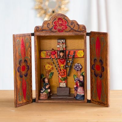 Alternate image for Hand Made Religious Wood Retablo Diorama Andean Folk Art Cross of Lamentation