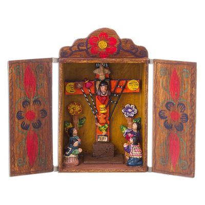 Alternate image for Hand Made Religious Wood Retablo Diorama Andean Folk Art Cross of Lamentation