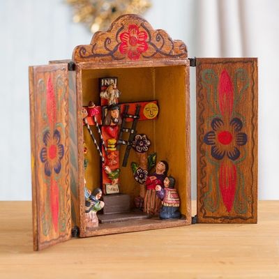 Alternate image for Hand Made Religious Wood Retablo Diorama Andean Folk Art Cross of Lamentation