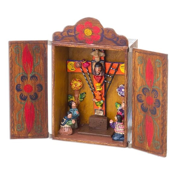Alternate image for Hand Made Religious Wood Retablo Diorama Andean Folk Art Cross of Lamentation