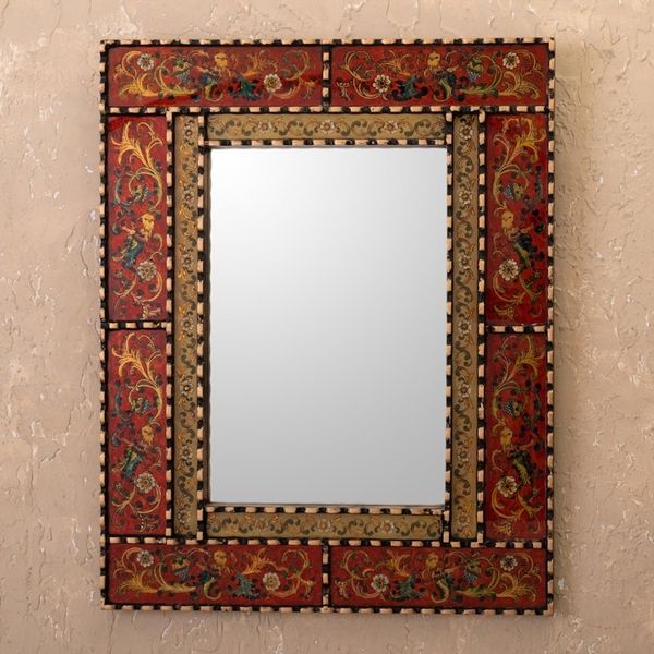 Alternate image for Reverse Painted Glass and Wood Framed Wall Mirror from Peru Red Peruvian Elegance