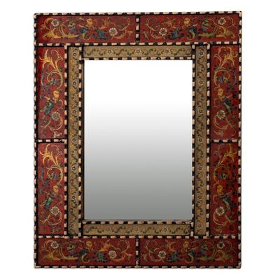 Alternate image for Reverse Painted Glass and Wood Framed Wall Mirror from Peru Red Peruvian Elegance