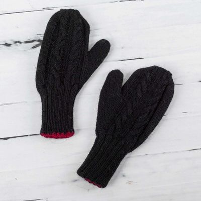 Alternate image for Red and Black Reversible Hand Knitted 100 Alpaca Mittens Cherry Cola