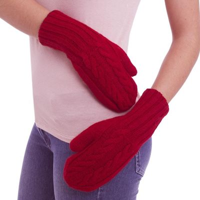 Alternate image for Red and Black Reversible Hand Knitted 100 Alpaca Mittens Cherry Cola