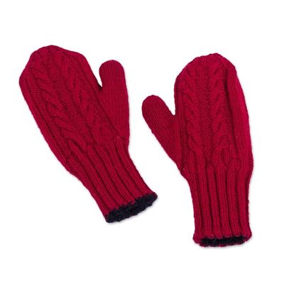 Alternate image for Red and Black Reversible Hand Knitted 100 Alpaca Mittens Cherry Cola