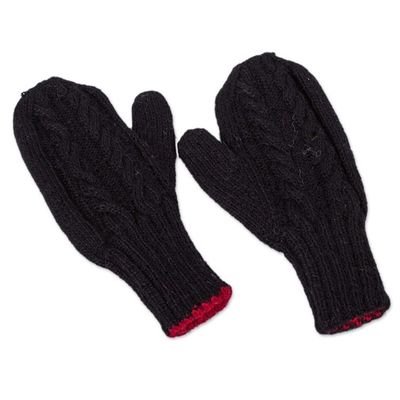 Alternate image for Red and Black Reversible Hand Knitted 100 Alpaca Mittens Cherry Cola