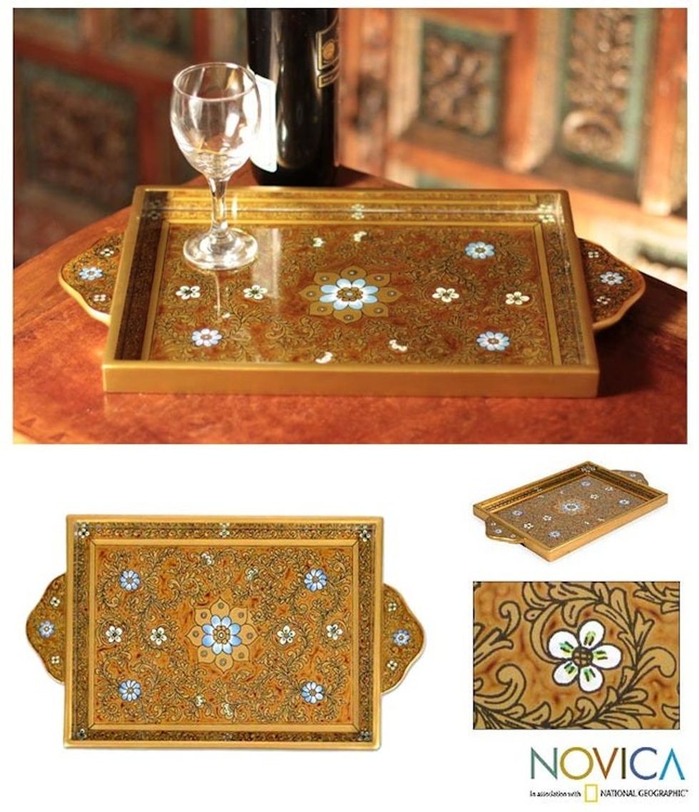 Reverse Painted Glass Serving Tray 'Butterscotch Blossoms'