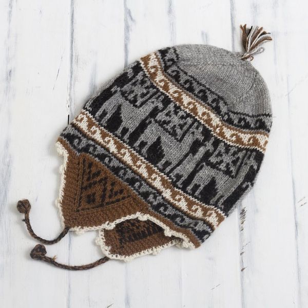 Alternate image for Alpaca Blend Chullo Hat with Llama Patterns in Smoke Llama Silhouette in Smoke