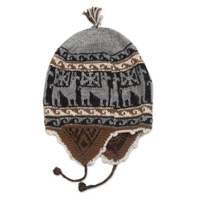 Alternate image for Alpaca Blend Chullo Hat with Llama Patterns in Smoke Llama Silhouette in Smoke