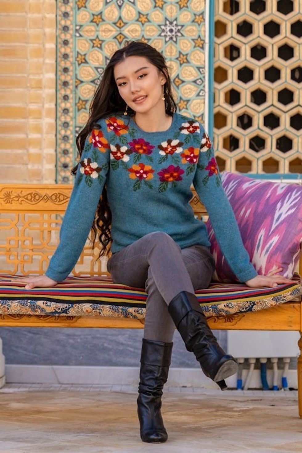 Intarsia Knit Turquoise Floral Alpaca Sweater 'Turquoise Garden'