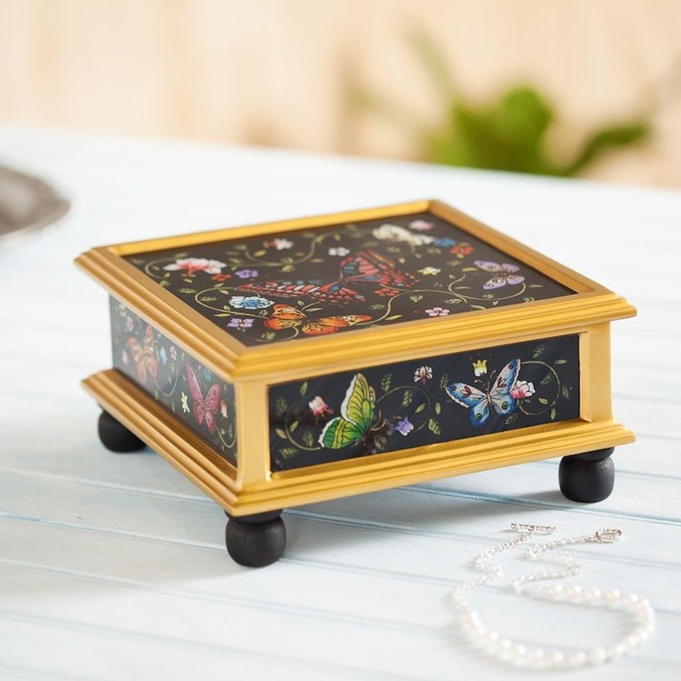 Black Reverse-Painted Glass Decorative Box with Butterflies 'Midnight Garden'