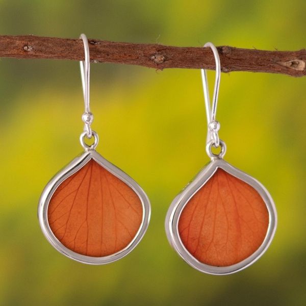 Alternate image for Sterling Silver and Orange Leaf Dangle Earrings from Peru Orange Hydrangea