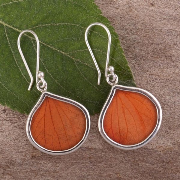 Alternate image for Sterling Silver and Orange Leaf Dangle Earrings from Peru Orange Hydrangea