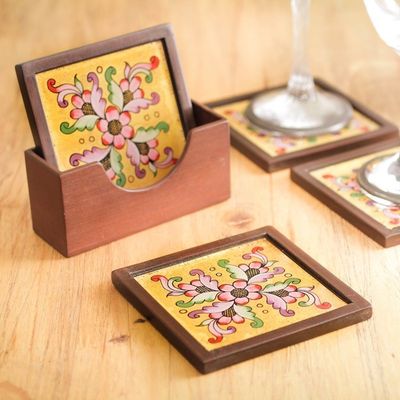 Alternate image for Four Hand Painted Glass Coasters and Holder Blushing Blooms