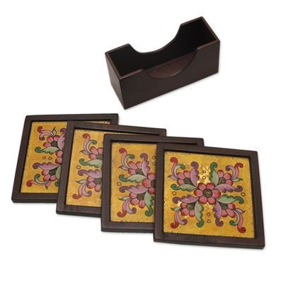 Alternate image for Four Hand Painted Glass Coasters and Holder Blushing Blooms