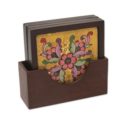 Alternate image for Four Hand Painted Glass Coasters and Holder Blushing Blooms