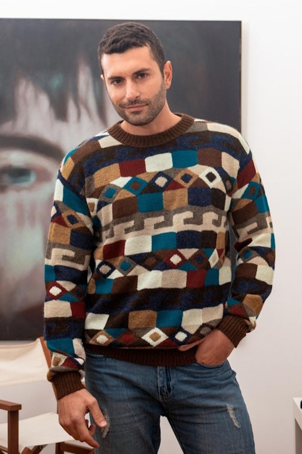 Geometric Intarsia Knit 100 Alpaca Men's Sweater 'Adventure Geometry'
