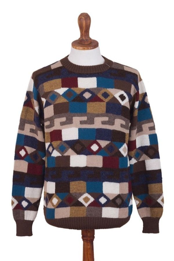 Alternate image for Geometric Intarsia Knit 100 Alpaca Mens Sweater Adventure Geometry