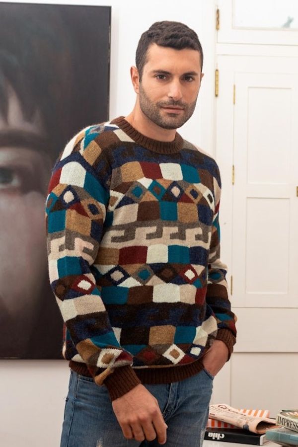 Alternate image for Geometric Intarsia Knit 100 Alpaca Mens Sweater Adventure Geometry