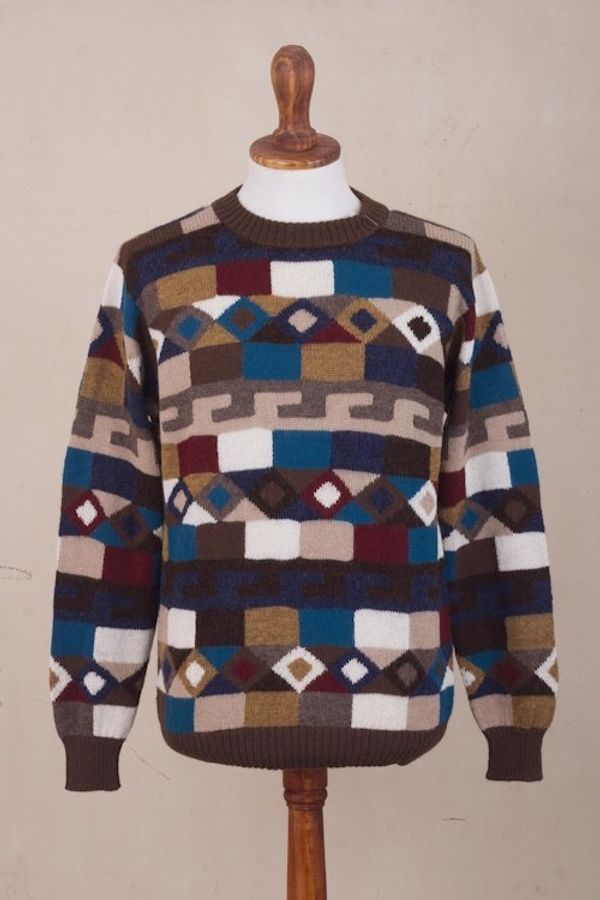 Alternate image for Geometric Intarsia Knit 100 Alpaca Mens Sweater Adventure Geometry