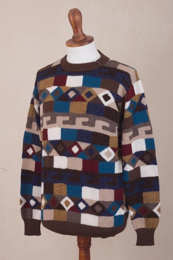 Alternate image for Geometric Intarsia Knit 100 Alpaca Mens Sweater Adventure Geometry