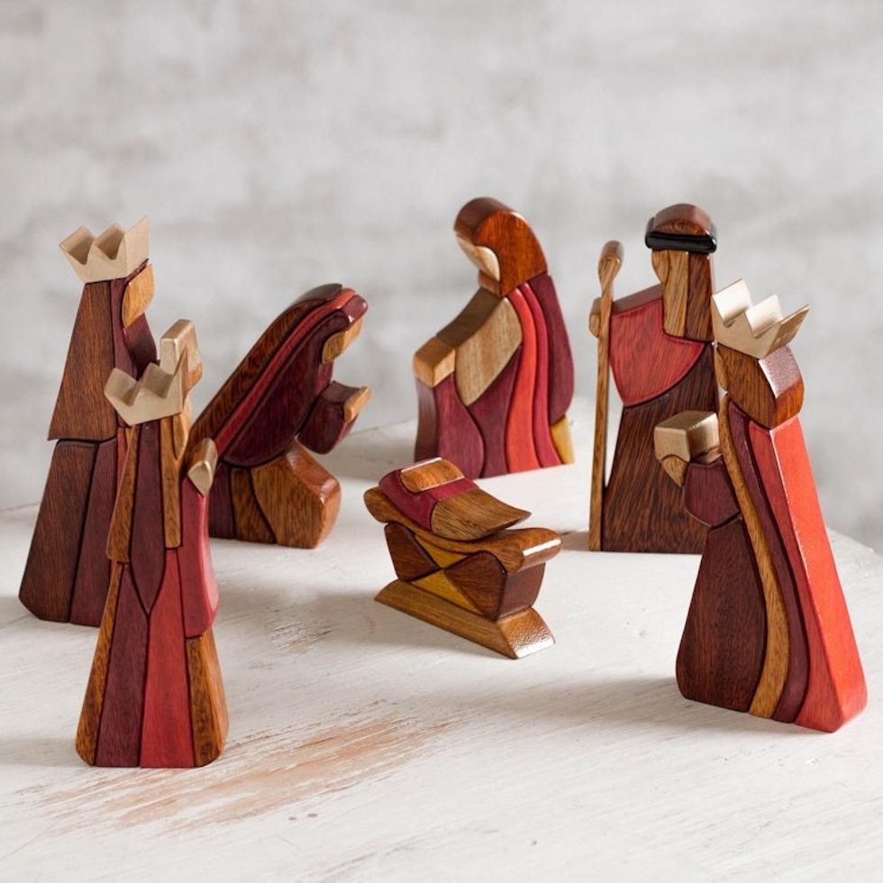 Wood Nativity Scene Set of 8 Pcs Handmade Peru 'Gifts for Baby Jesus'
