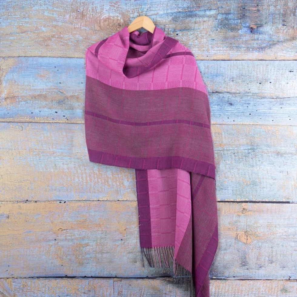 Handloomed Soft Lilac and Plum 100 Baby Alpaca Shawl 'Andean Elysium'