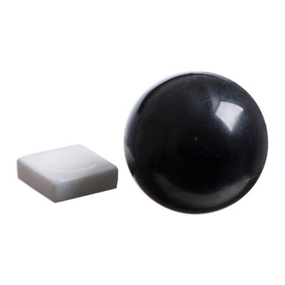 Alternate image for Black Onyx Sphere Sculpture on White Calcite Base Night World