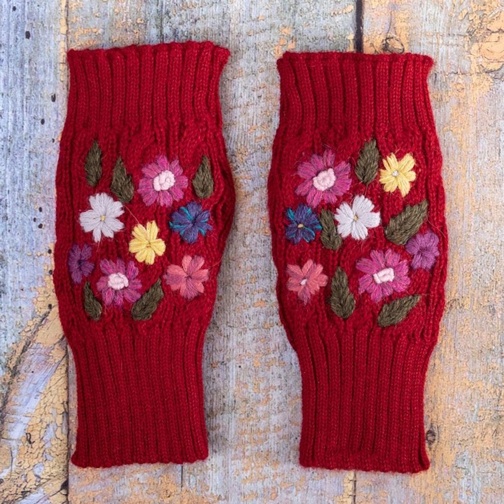 Knit Red Alpaca Blend Fingerless Mittens with Little Blooms 'Red Floral Passion'