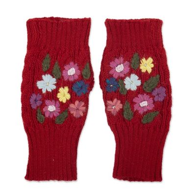 Alternate image for Knit Red Alpaca Blend Fingerless Mittens with Little Blooms Red Floral Passion