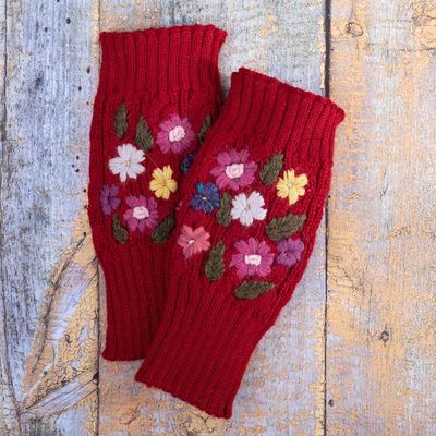 Alternate image for Knit Red Alpaca Blend Fingerless Mittens with Little Blooms Red Floral Passion