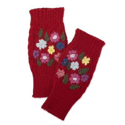 Alternate image for Knit Red Alpaca Blend Fingerless Mittens with Little Blooms Red Floral Passion