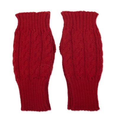Alternate image for Knit Red Alpaca Blend Fingerless Mittens with Little Blooms Red Floral Passion