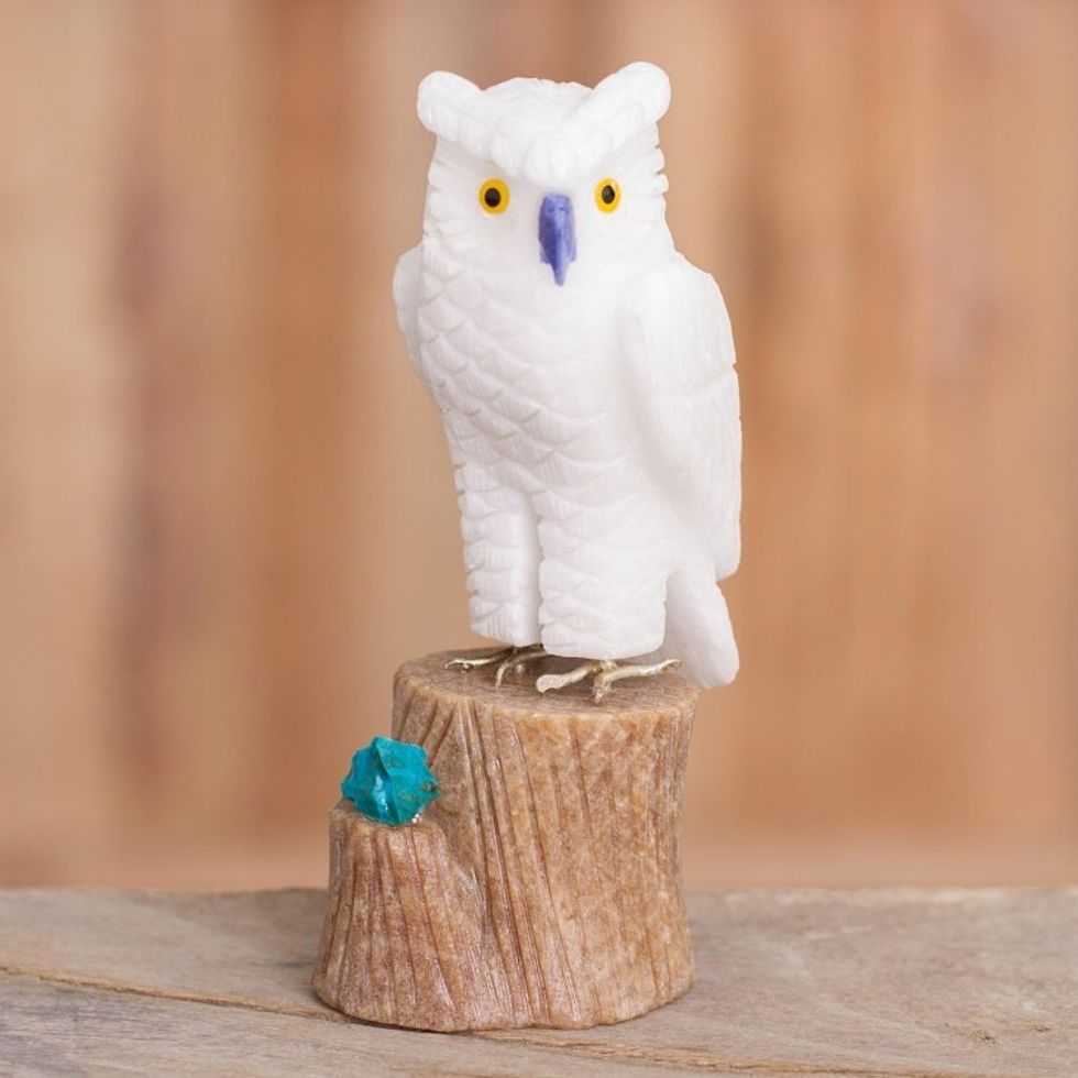 Gemstone Owl Sculpture in White from Peru 'White Owl'
