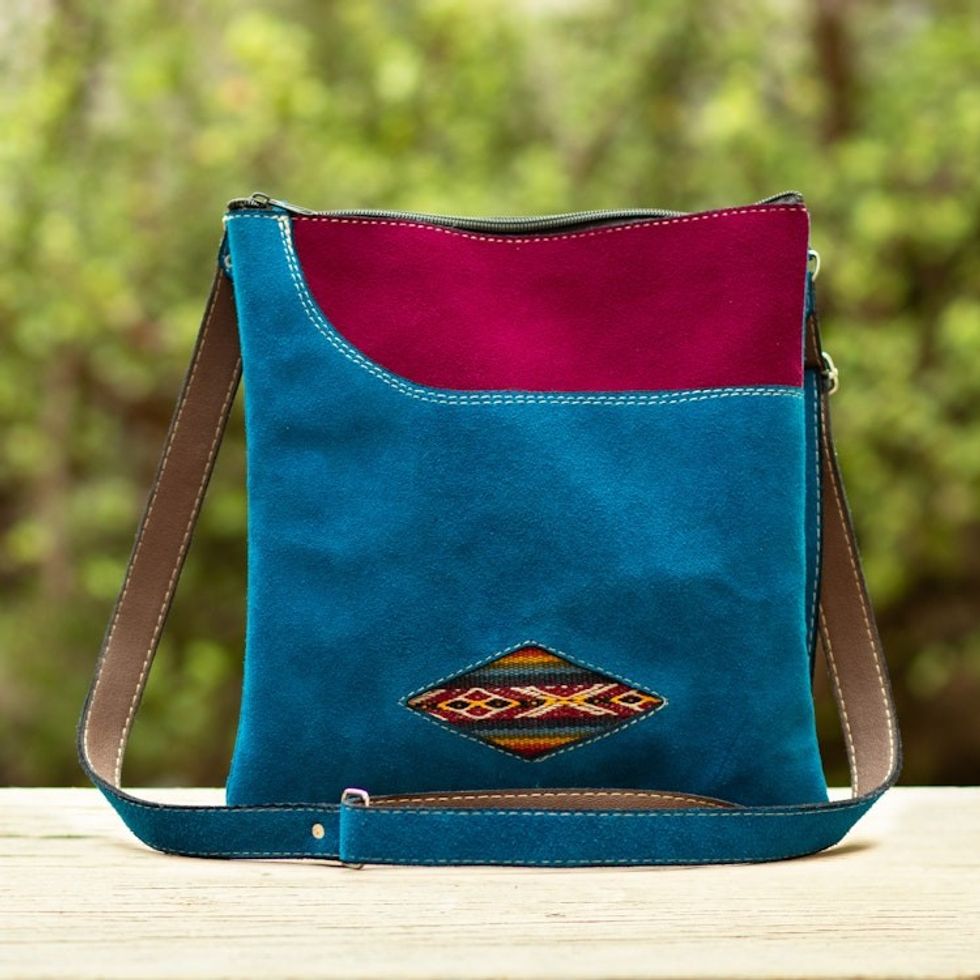 Handcrafted Magenta and Blue Suede Sling with Wool Accent 'Magenta Soul'