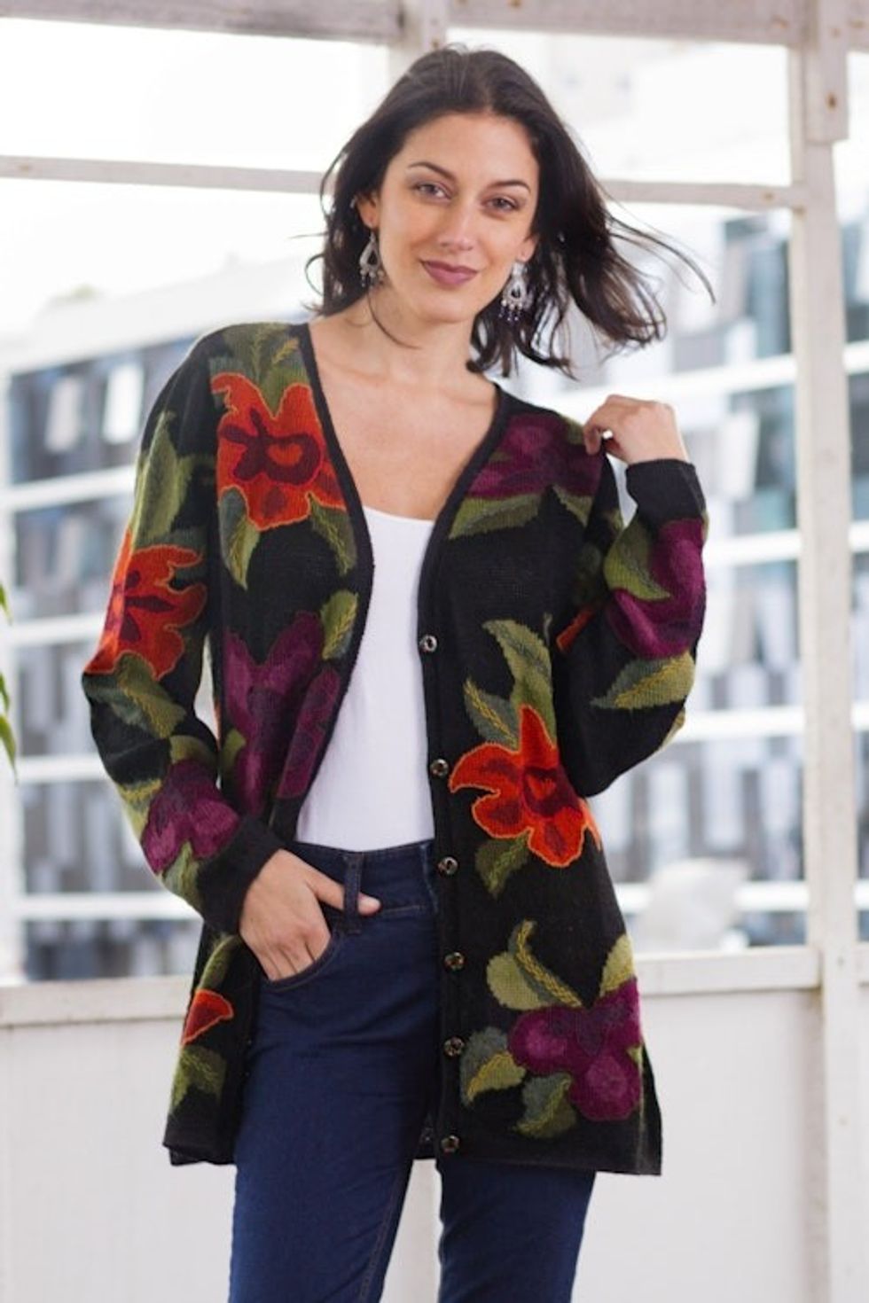Alpaca Intarsia Knit Cardigan In Multicolored Floral 'Cusco Flowers in Black'