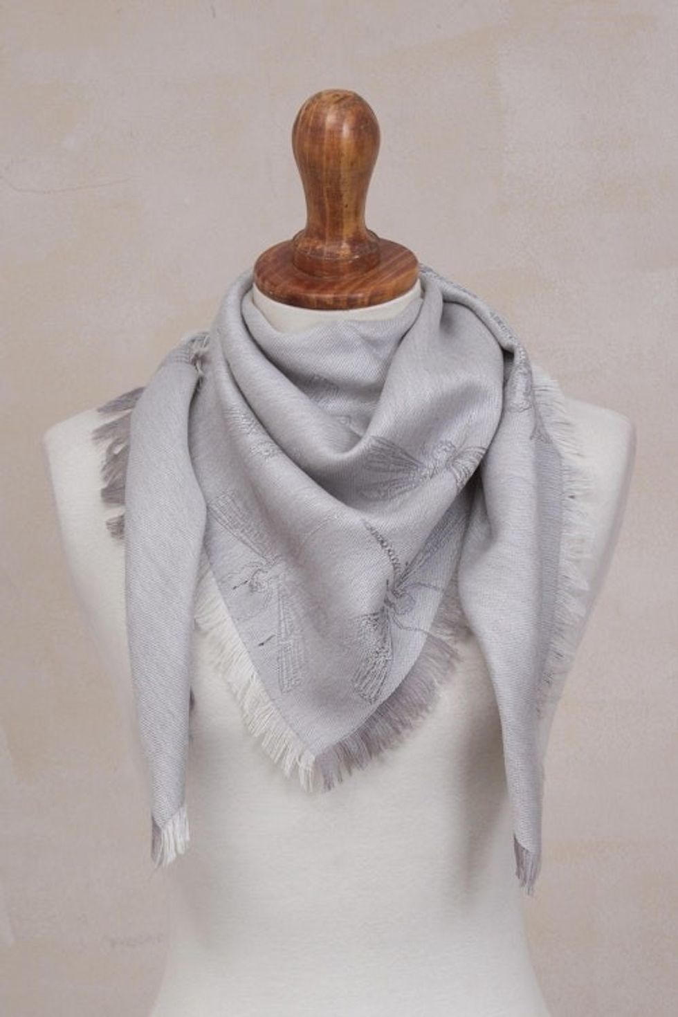 Baby Alpaca and Silk Blend Grey Dragonfly Reversible Scarf 'Dragonfly in Pearl Grey'