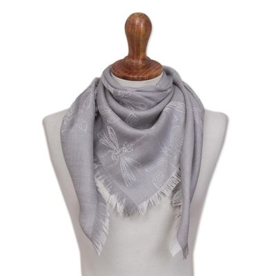 Alternate image for Baby Alpaca and Silk Blend Grey Dragonfly Reversible Scarf Dragonfly in Pearl Grey