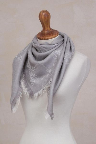 Alternate image for Baby Alpaca and Silk Blend Grey Dragonfly Reversible Scarf Dragonfly in Pearl Grey