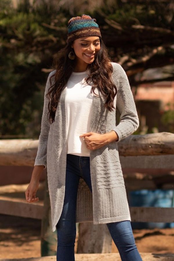 Alternate image for Long Alpaca Blend Cardigan Grey Textures