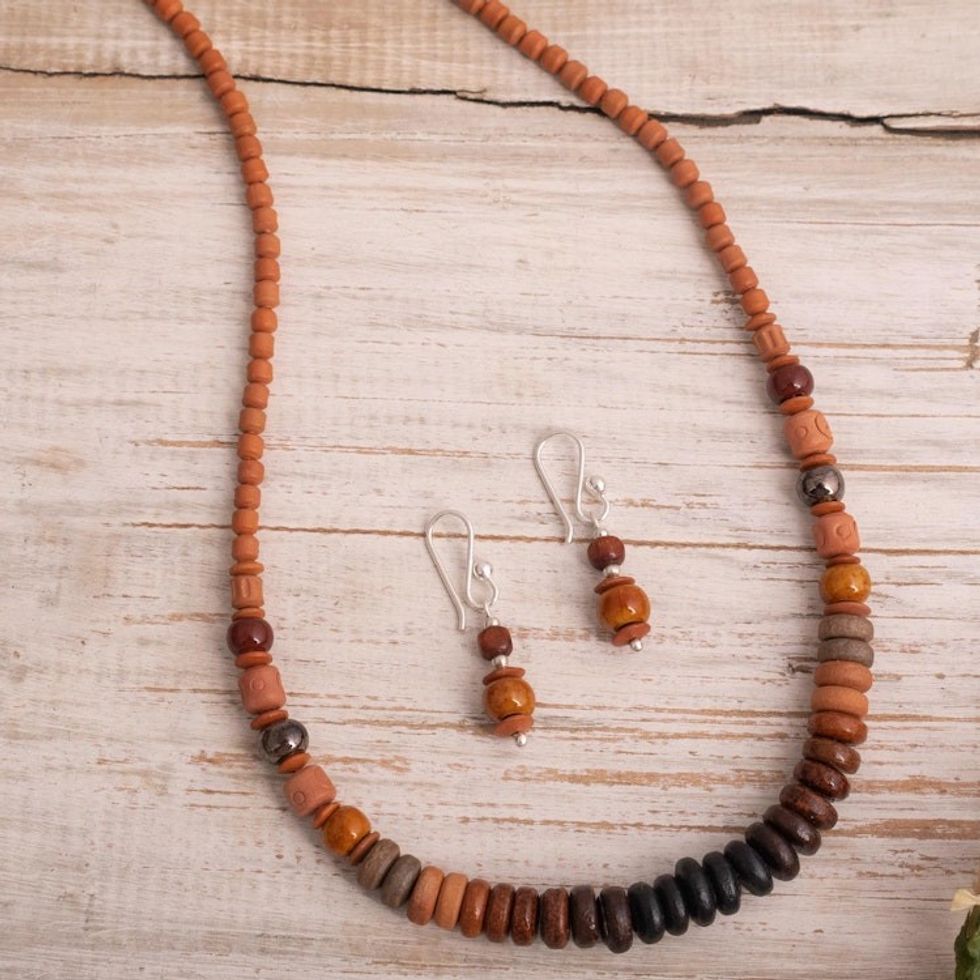 Brown Ceramic Beaded Necklace and Earring Set from Peru 'Cusco Dreams'