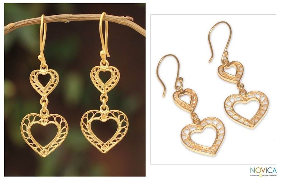 Hand Made Peruvian Gold Vermeil Filigree Earrings 'Our Two Hearts'