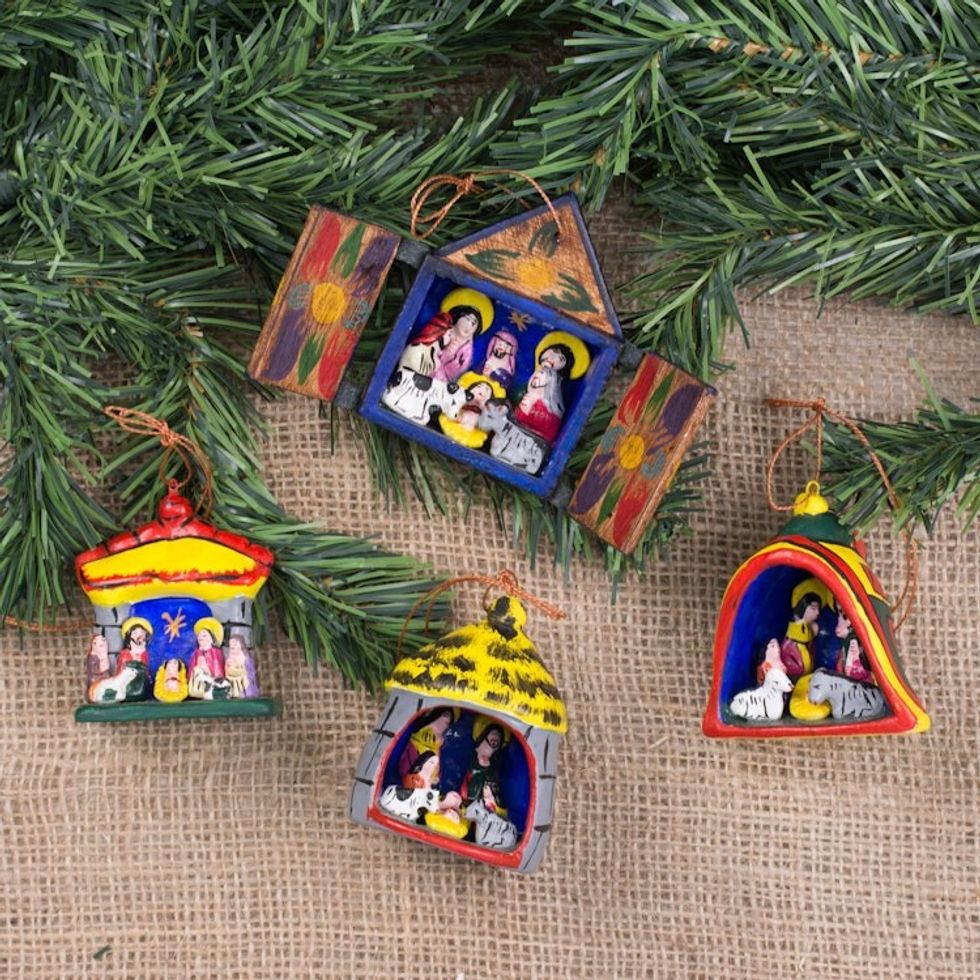 Hand Made Religious Wood Christmas Ornaments Set of 4 'Nativity'