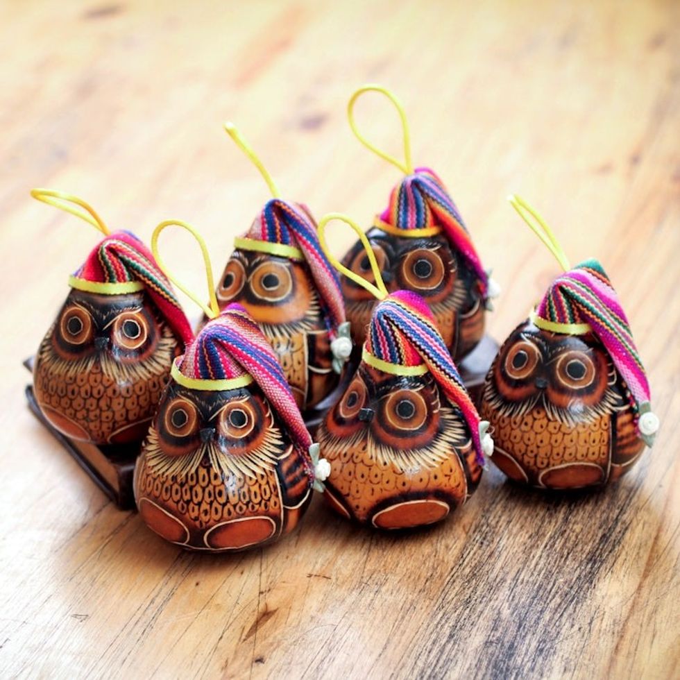 Christmas Mate Gourd Bird Ornament Set of 6 'Christmas Owls'