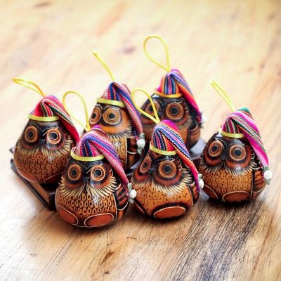Alternate image for Christmas Mate Gourd Bird Ornament Set of 6 Christmas Owls