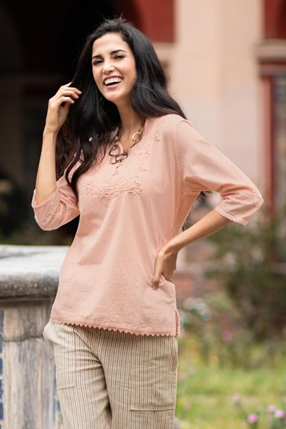 Pale Melon Orange Embroidered Cotton Tunic Top from Peru 'Sunset in Lima'